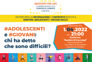 Recovery for Life: incontro a tema giovani e adolescenti – 1 aprile, ore 21.00